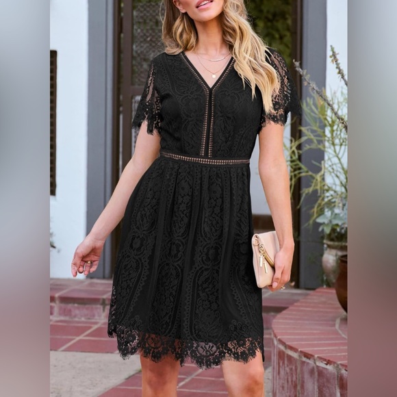 Funlingo Women’s Boho Black Lace Mini Dress, Short Sleeve Lined, Size: XL, NWT - Picture 5 of 13